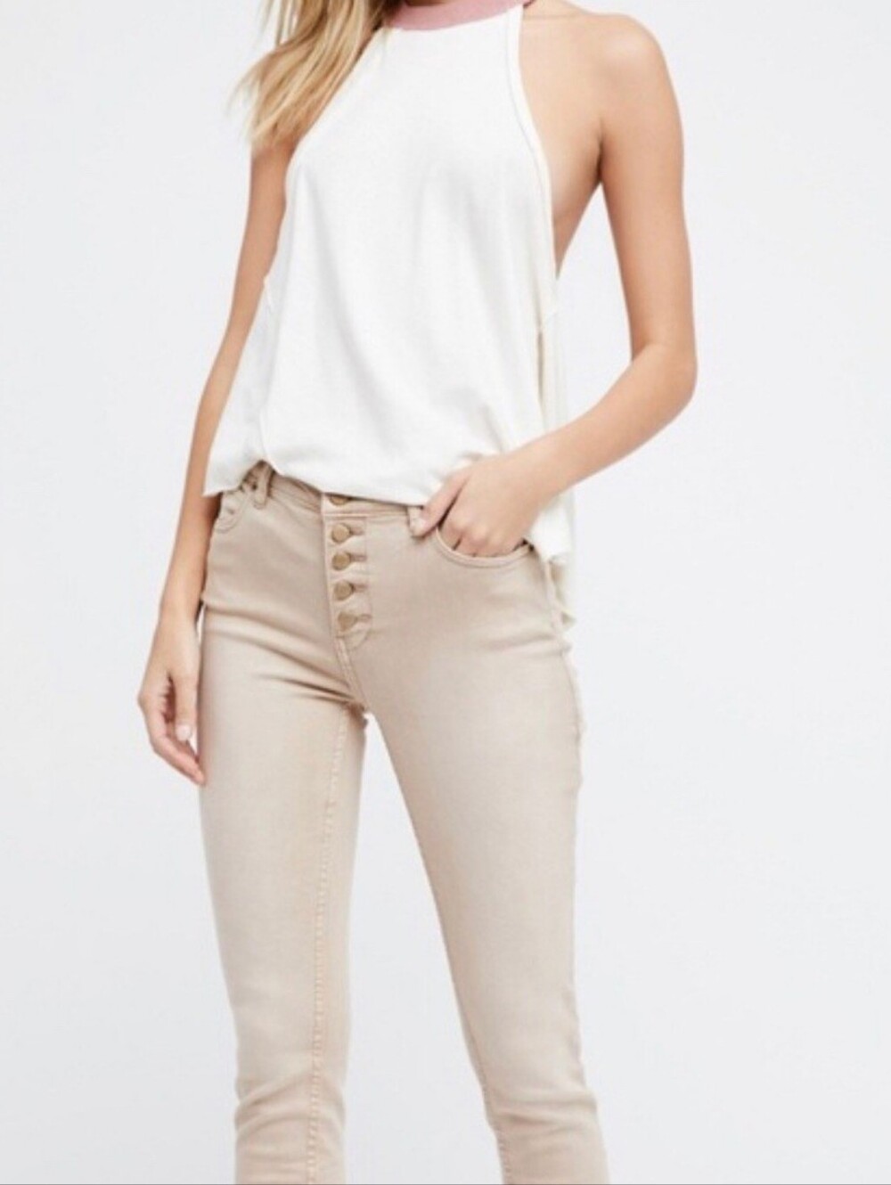 Free People Greige Exposed Button Skinny Jeans Raw Hem